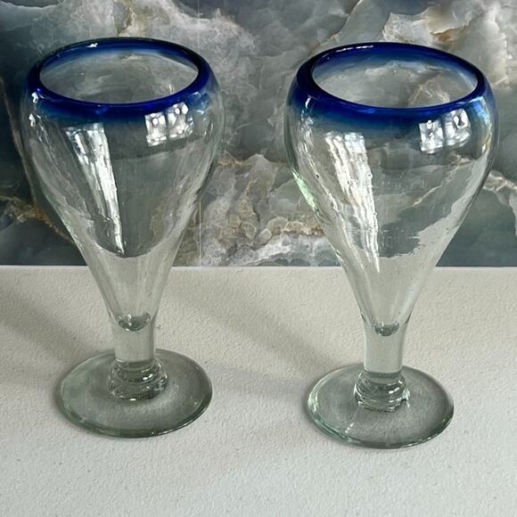 Mexican Hand Blown Cobalt Blue Rim Water Beer Pilsner Goblets 7.75” Tall - Picture 1 of 7